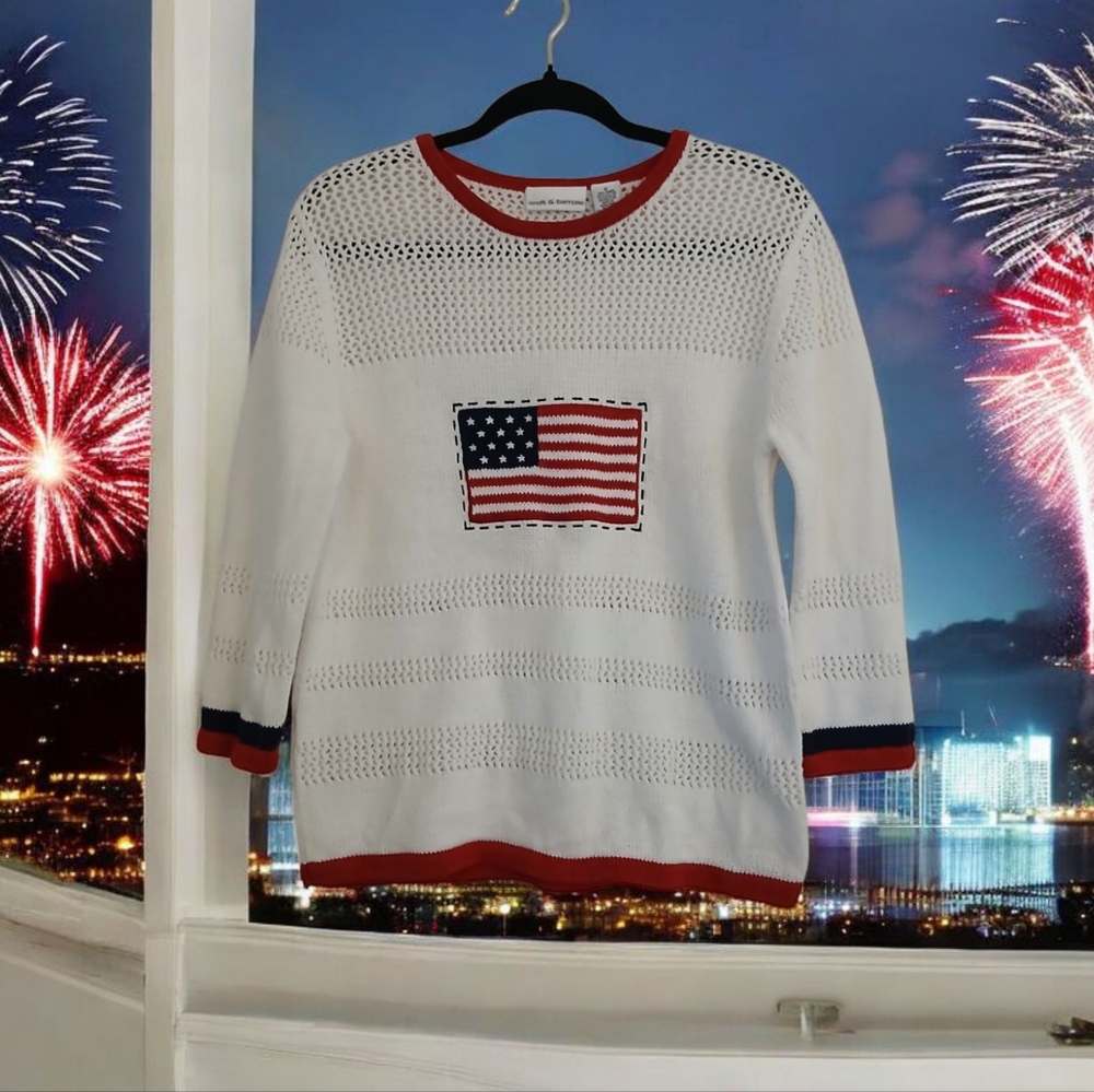 Women's White Perforated Sweater with Flag Design
